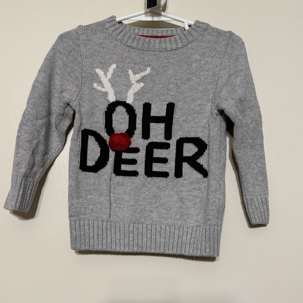H&M Baby Unisex Oh Deer Reindeer Christmas Sweater Gray Red 1.5-2 Years 2T